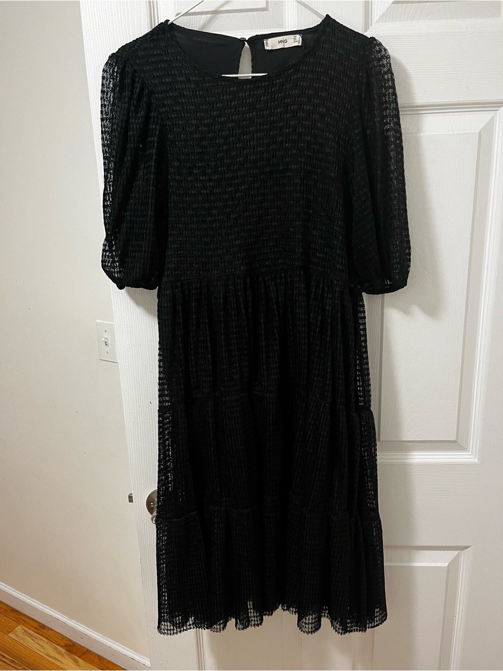 Mango Black Textured Tiered Midi Dress with Puff Sleeves